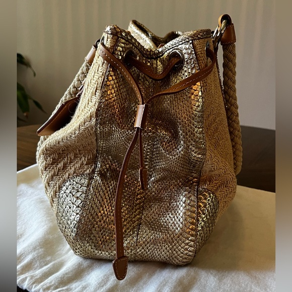 PRADA Woven Jute Shoulder Bag Metallic Snakeskin Python Trim Dust Bag Authetic - Picture 7 of 16